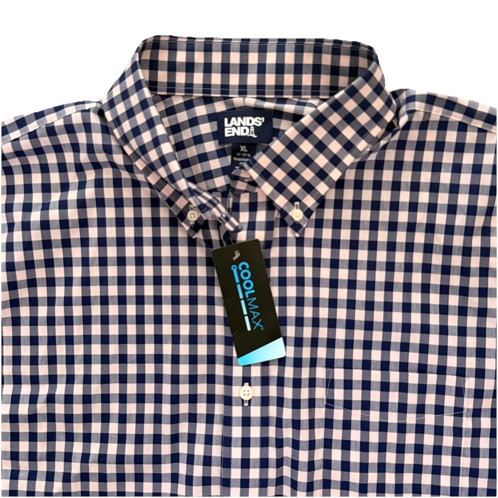 New Lands' End Blue Checkered Button Down Shirt 17-17.5 CoolMax Mens XL NWT
